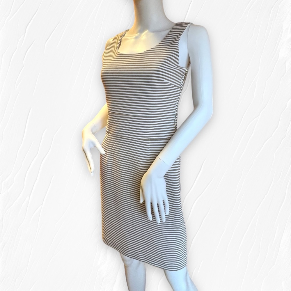 Banana Republic Khaki White Stripe Sleeveless Side Zip Fitted Sheath Dress Sz 2